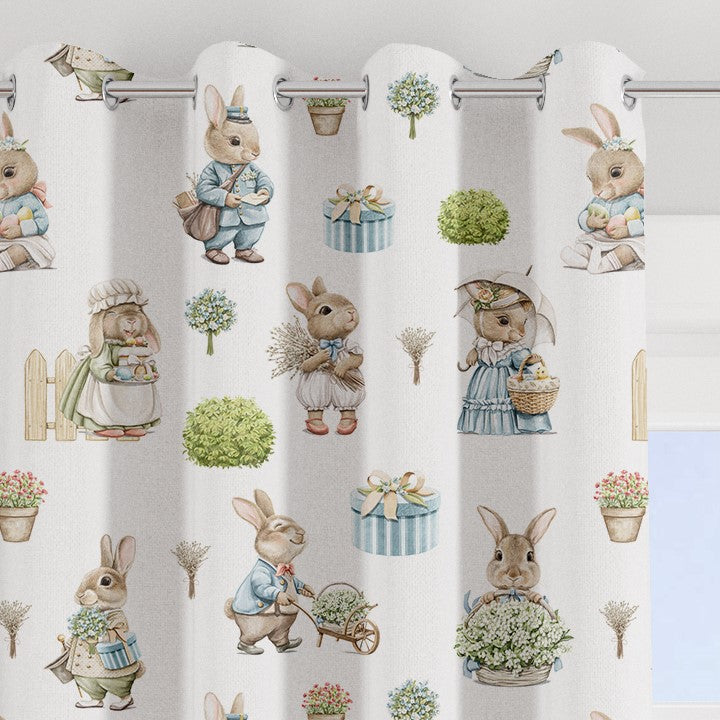 Bunny family blackout lined children's bedroom and nursery curtains, pencil pleat and eyelet, gender neutral white