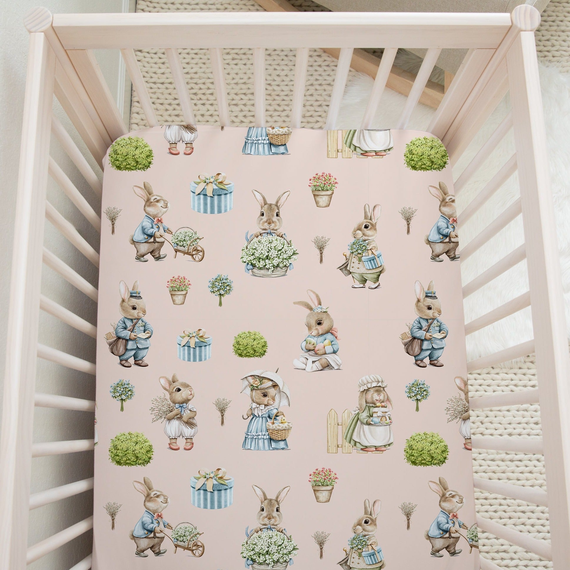 Bunny rabbit family fitted nursery cot sheet, blush pink