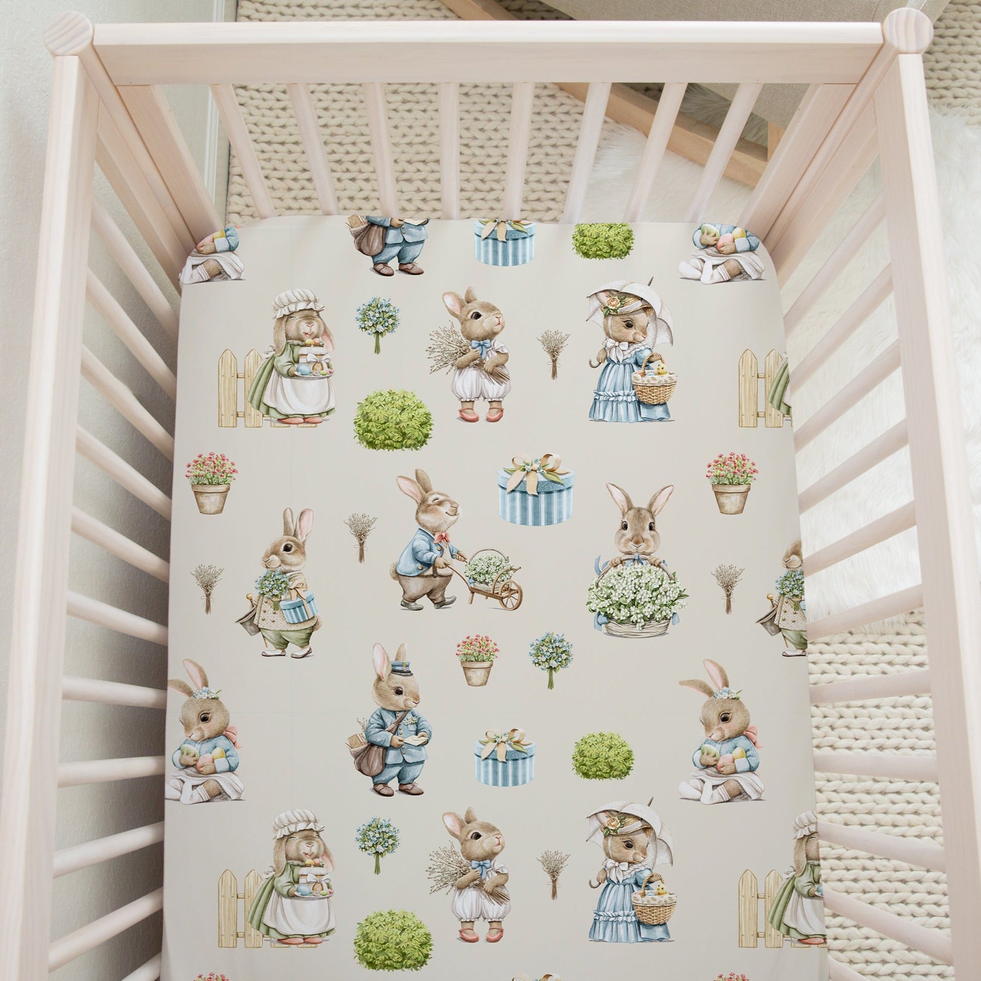 Bunny rabbit family fitted nursery cot sheet, vintage linen, gender neutral