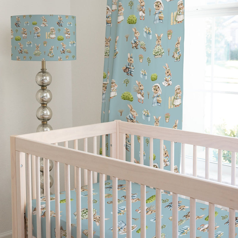 Bunny family blackout lined children's bedroom and nursery curtains, pencil pleat and eyelet, seagrass blue