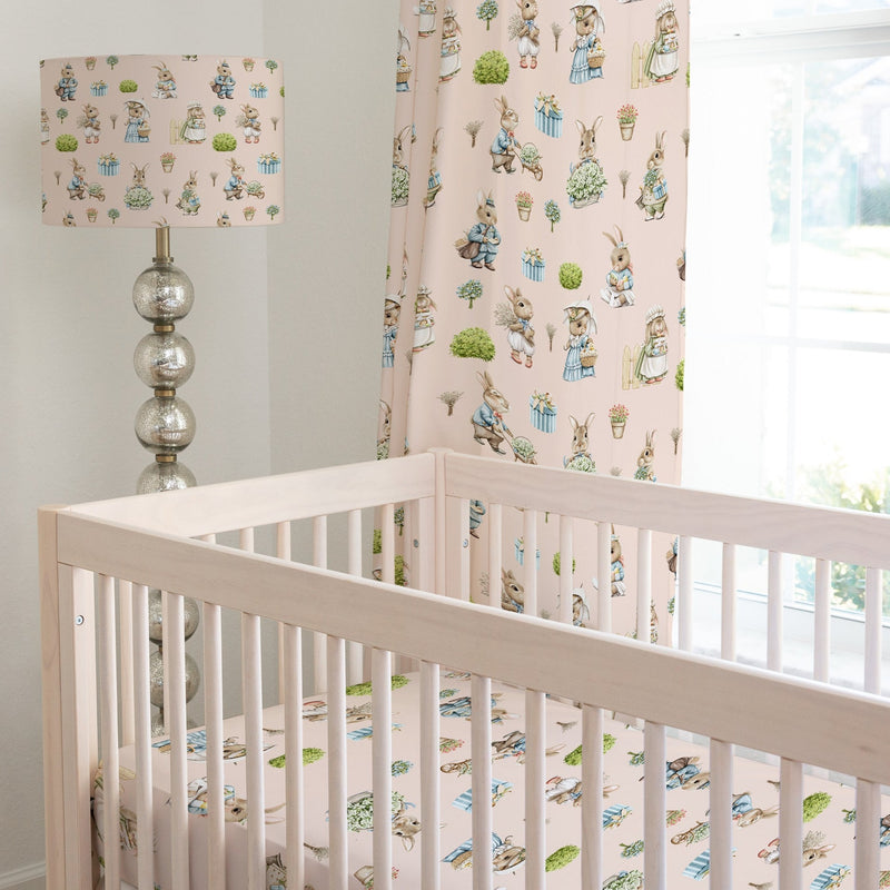 Bunny family blackout lined children's bedroom and nursery curtains, pencil pleat and eyelet, blush pink