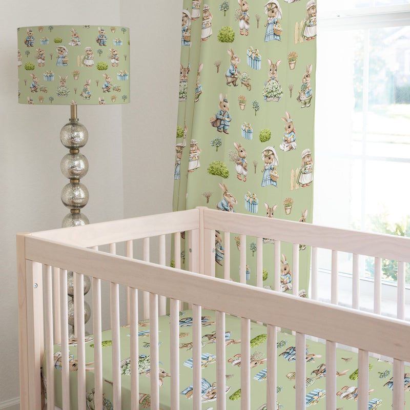 Bunny family blackout lined children's bedroom and nursery curtains, pencil pleat and eyelet, gender neutral sage green