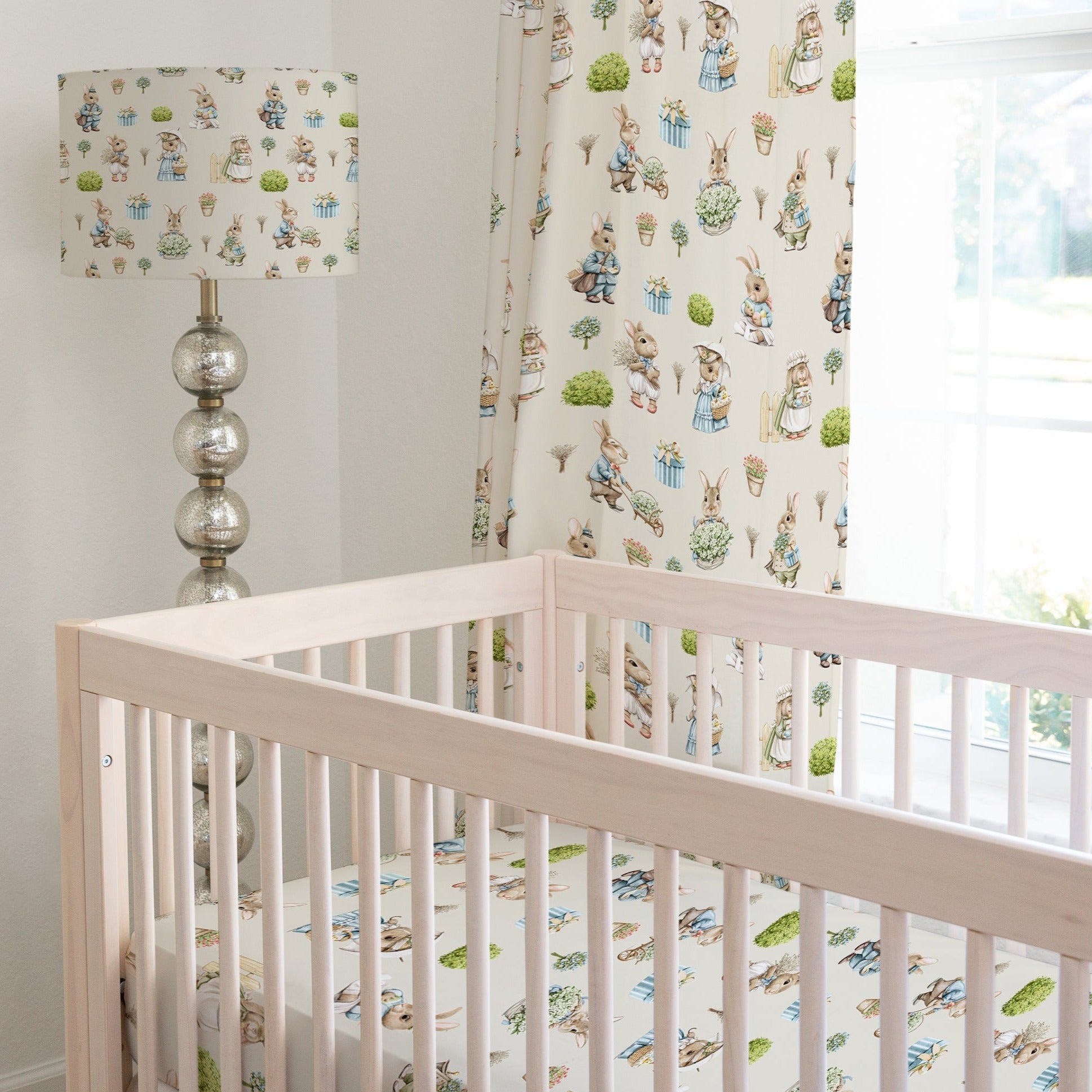 Bunny rabbit family fitted nursery cot sheet, vintage linen, gender neutral