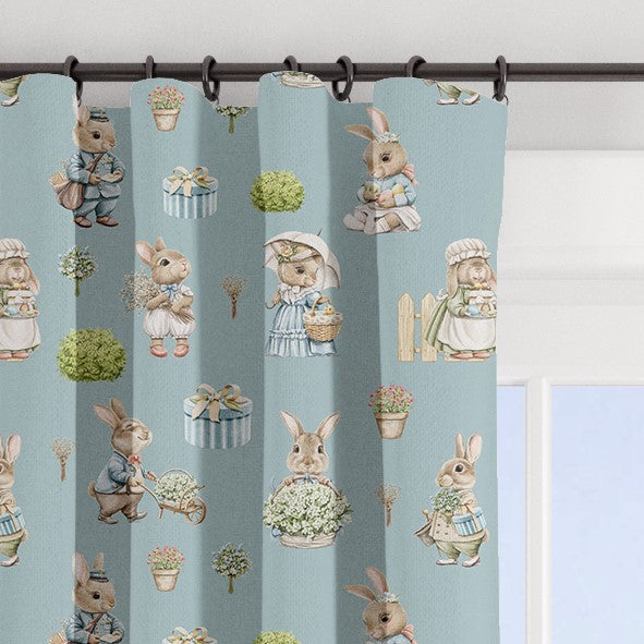 Bunny family blackout lined children's bedroom and nursery curtains, pencil pleat and eyelet, seagrass blue