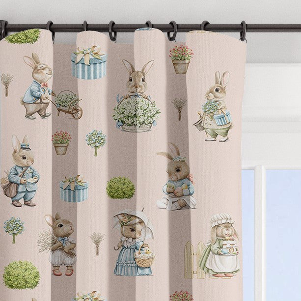 Bunny family blackout lined children's bedroom and nursery curtains, pencil pleat and eyelet, blush pink