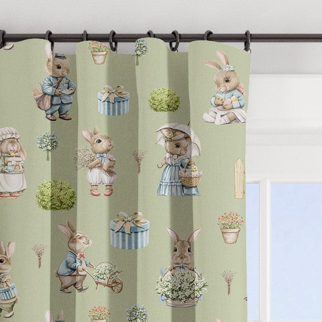 Bunny family blackout lined children's bedroom and nursery curtains, pencil pleat and eyelet, gender neutral sage green