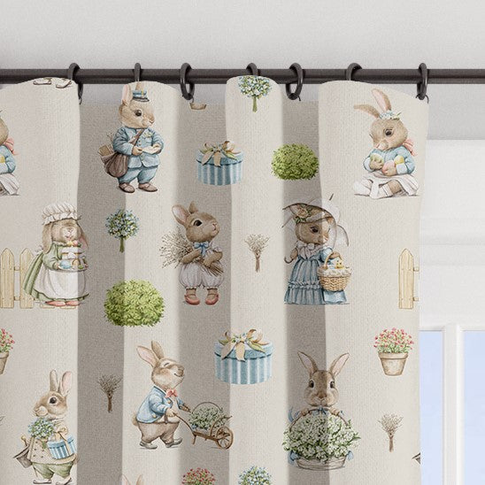 Bunny family blackout lined children's bedroom and nursery curtains, pencil pleat and eyelet, gender neutral vintage linen