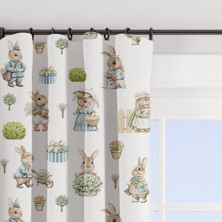 Bunny family blackout lined children's bedroom and nursery curtains, pencil pleat and eyelet, gender neutral white