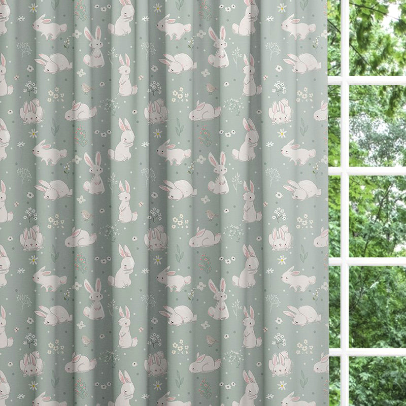 Bunny rabbit blackout lined childrens bedroom and nursery curtains, sage green 