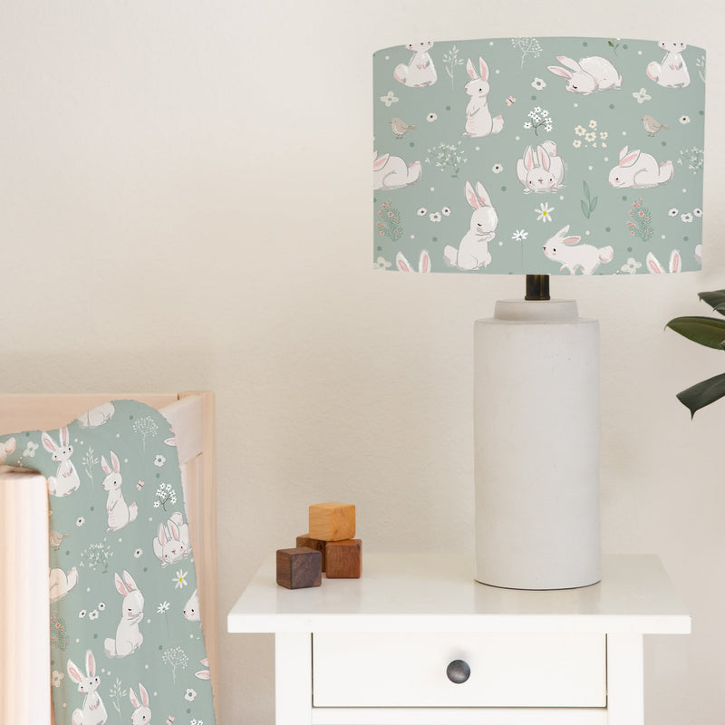 Bunny rabbit lamp, green meadow, floral aniamls children's bedroom nursery lampshade