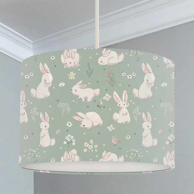 Bunny rabbit children's bedroom or nursery lampshade for ceiling fitting or lamp base, sage meadow pale green
