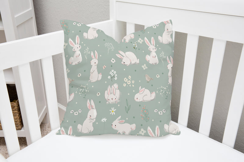 Green bunny rabbit children's bedroom and nursery cushion
