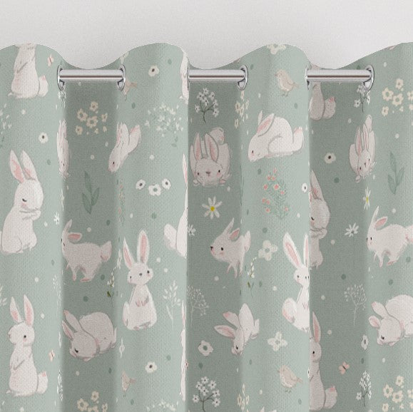 Eyelet bunny rabbit and flowers childrens blackout lined bedroom and nursery curtains, pale green