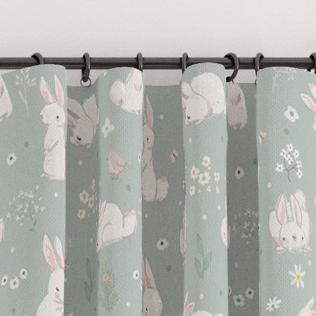 Pencil pleat children's bedroom and nursery curtains, blackout lined, bunny rabbit on green