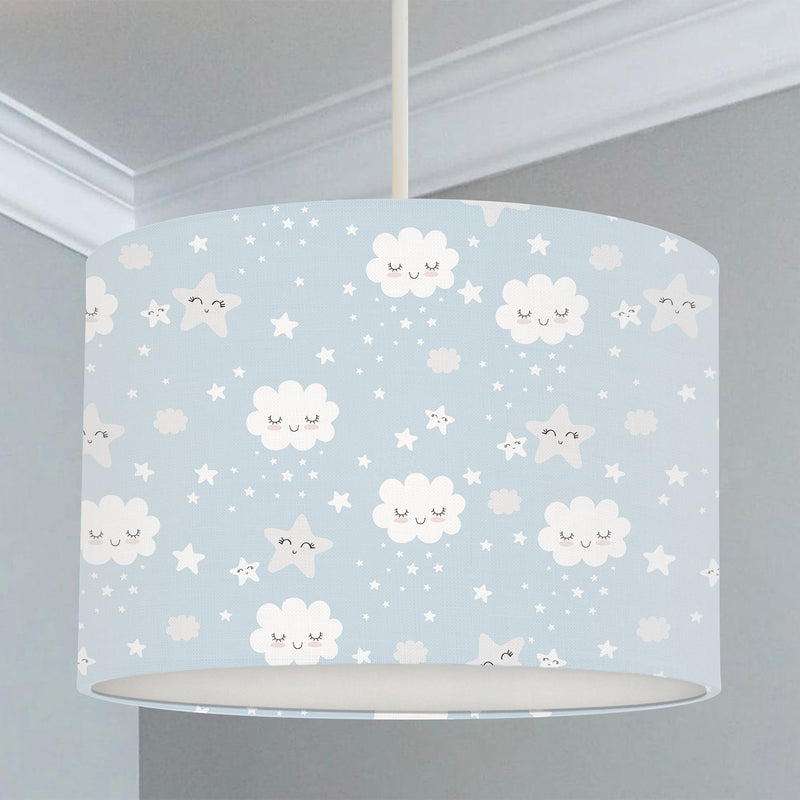 Children's bedroom and nursery lampshade, blue and white, smiling clouds, and smiling stars. 