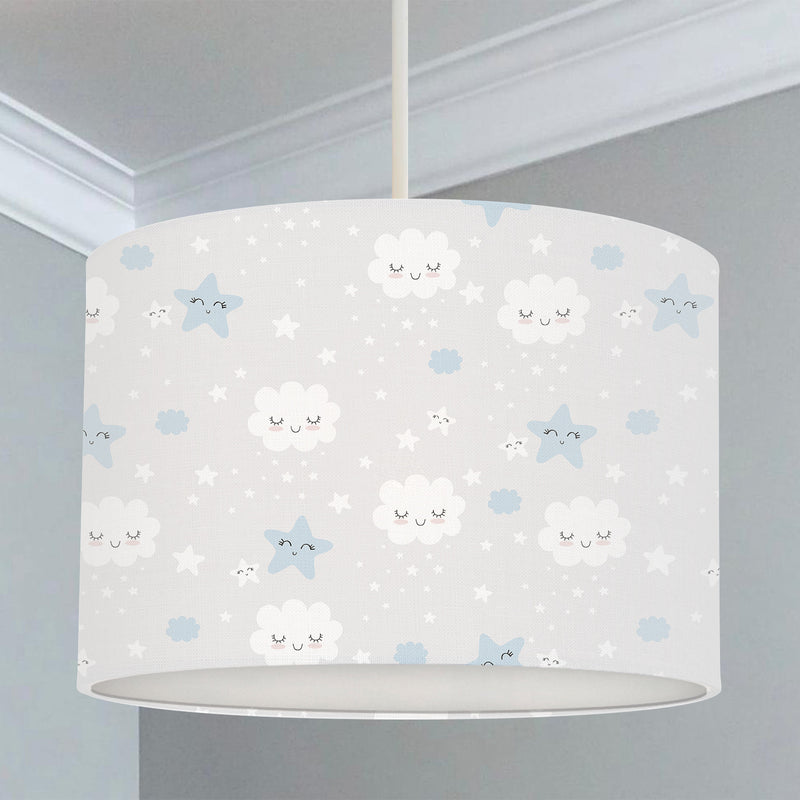 Children's bedroom and nursery lampshade, grey and white, smiling clouds, and smiling stars.