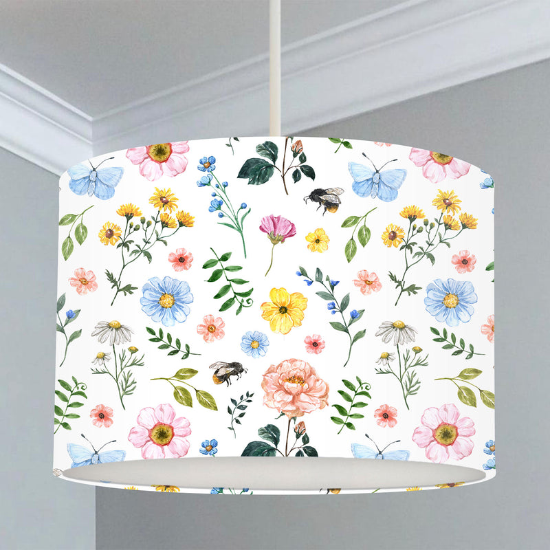 Children's bedroom and nursery lampshade, white, pink, blue, yellow, green, flowers, leaves, butterflies, and honey bees 