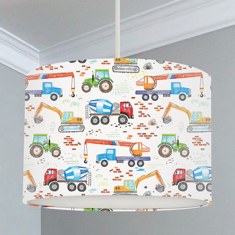 Children's bedroom and nursery lampshade, Red, blue, orange, green, Construction Vehicles Lampshade