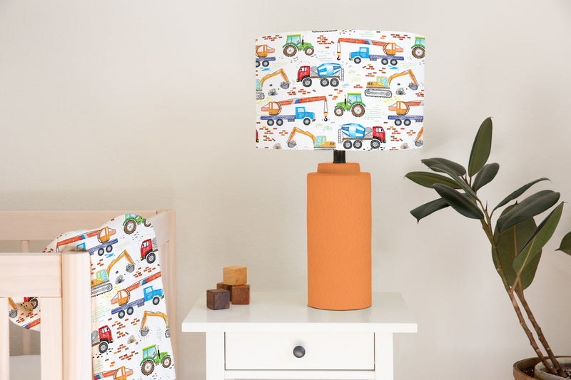 Children's bedroom and nursery ceiling and lampshade, Red, blue, orange, green, Construction Vehicles Lampshade