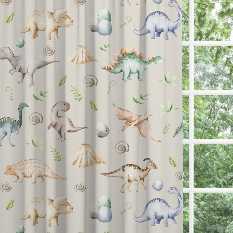 Children's bedroom and nursery blackout lined watercolour dinosaur curtains, natural. Gender neutral eyelet and pencil pleat made to measure children's curtains.