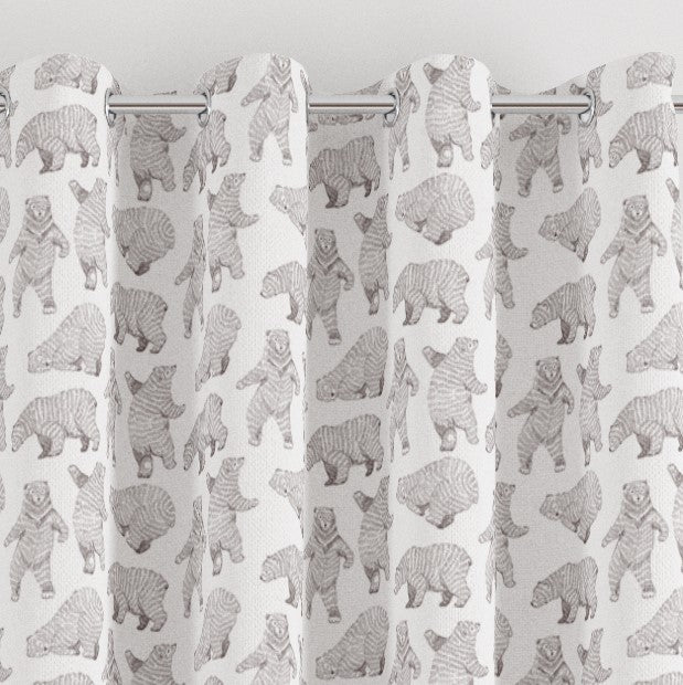 eyelet dancing bear print children's bedroom and nursery curtains, brown, and white. 