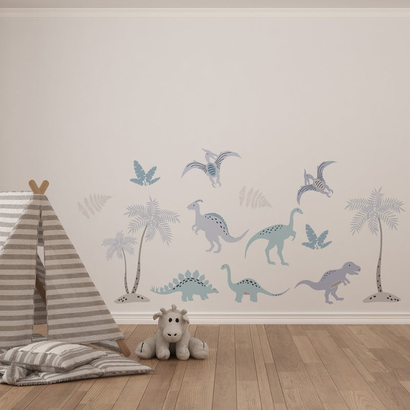 Blue dinosaur children's bedroom and nursery wall stickers. Big Little Bedrooms. Free Shipping. 