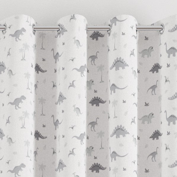 eyelet grey dinosaurs print children's bedroom and nursery curtains, grey and white.