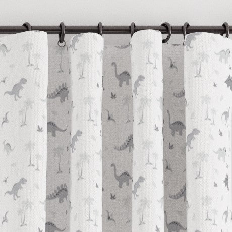 Pencil pleat children's bedroom and nursery curtains in grey dinosaurs print. Big Little Bedrooms. Free Shipping. 