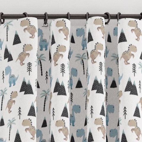 Pencil pleat children's bedroom and nursery curtains in dinosaurs and mountains print. Big Little Bedrooms. Free Shipping. 