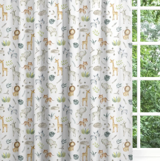 Made to measure blackout lined safari baby animals gender neutral children's curtains, pencil pleat or eyelet. 