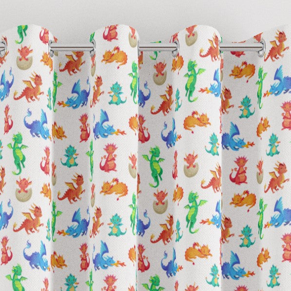 eyelet colourful dragon babies print children's bedroom and nursery curtains, blue, green, and orange.