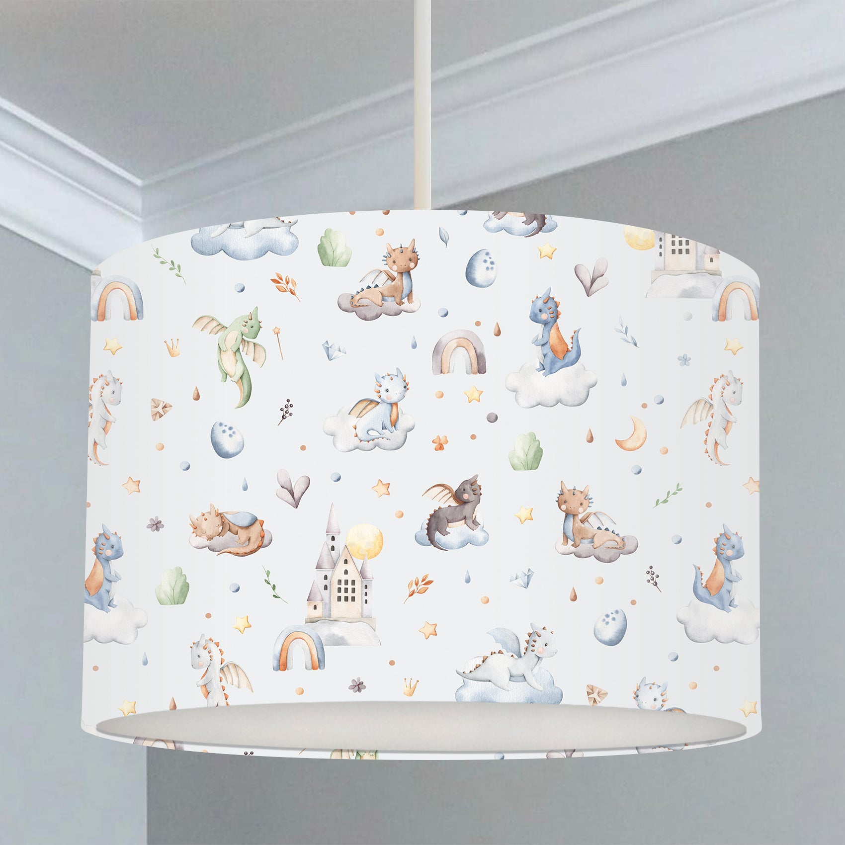 Dragon babies children's bedroom and nursery lampshade, grey. 
