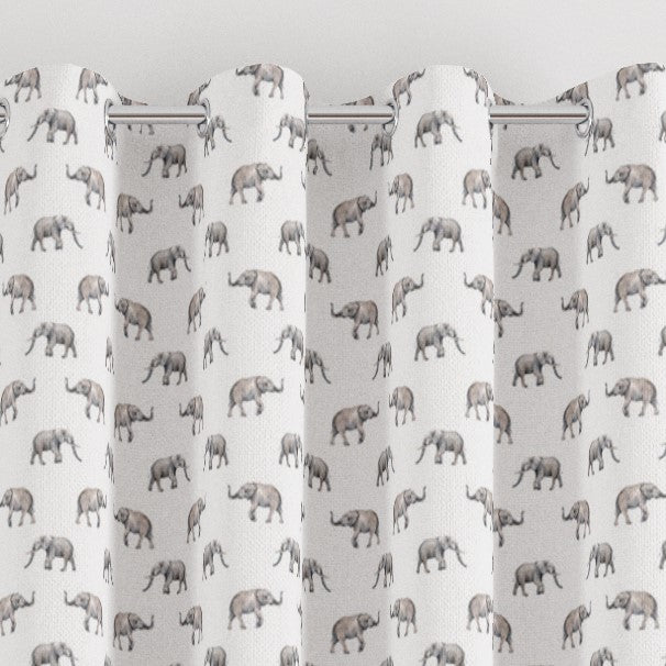 Grey elephant children's bedroom and nursery blackout lined eyelet curtains