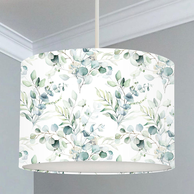 Children's bedroom and nursery lampshade, blue green coloured eucalyptus plant leaves
