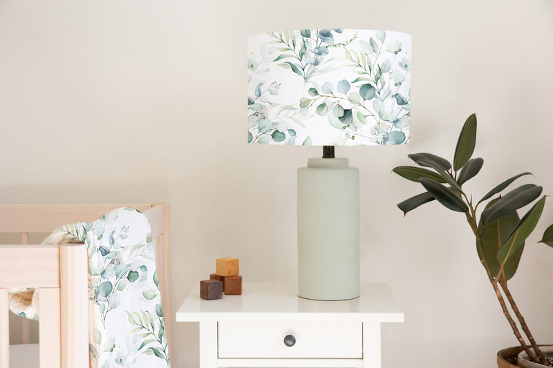 Children's bedroom and nursery ceiling and lampshade, blue green coloured eucalyptus plant leaves