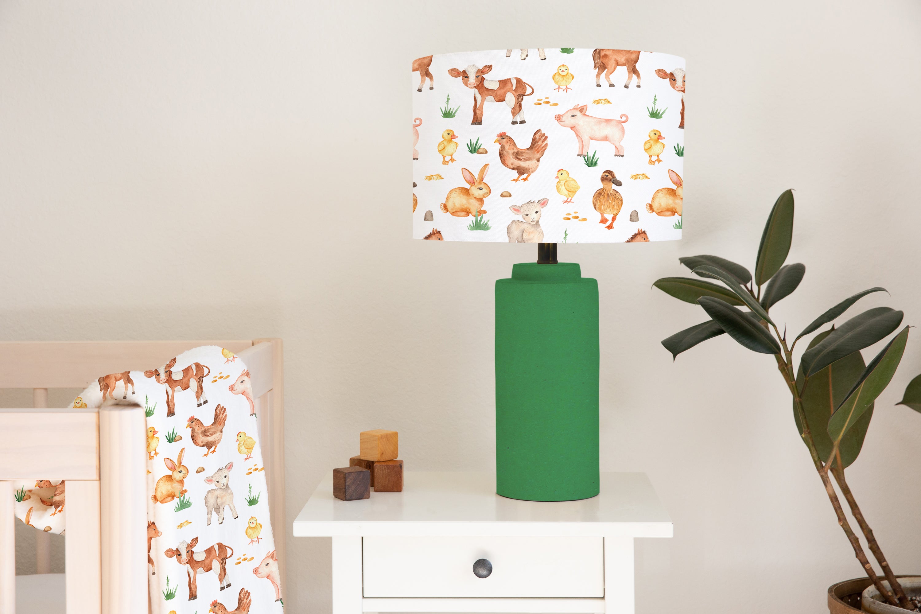 Children's bedroom and nursery ceiling and lampshade, farm animals, hens, pigs, ducks, calves, and rabbits.
