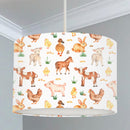 Children's bedroom and nursery lampshade, farm animals, hens, pigs, ducks, calves, and rabbits.