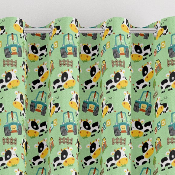 eyelet farmyard scene print children's bedroom and nursery curtains, yellow, green, black, blue and white.