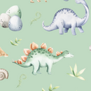 Blackout lined children's bedroom and nursery curtains featuring watercolour dinosaurs on a green background.  Made to measure curtains, custom made to your exact requirements by our professionally trained curtain maker.