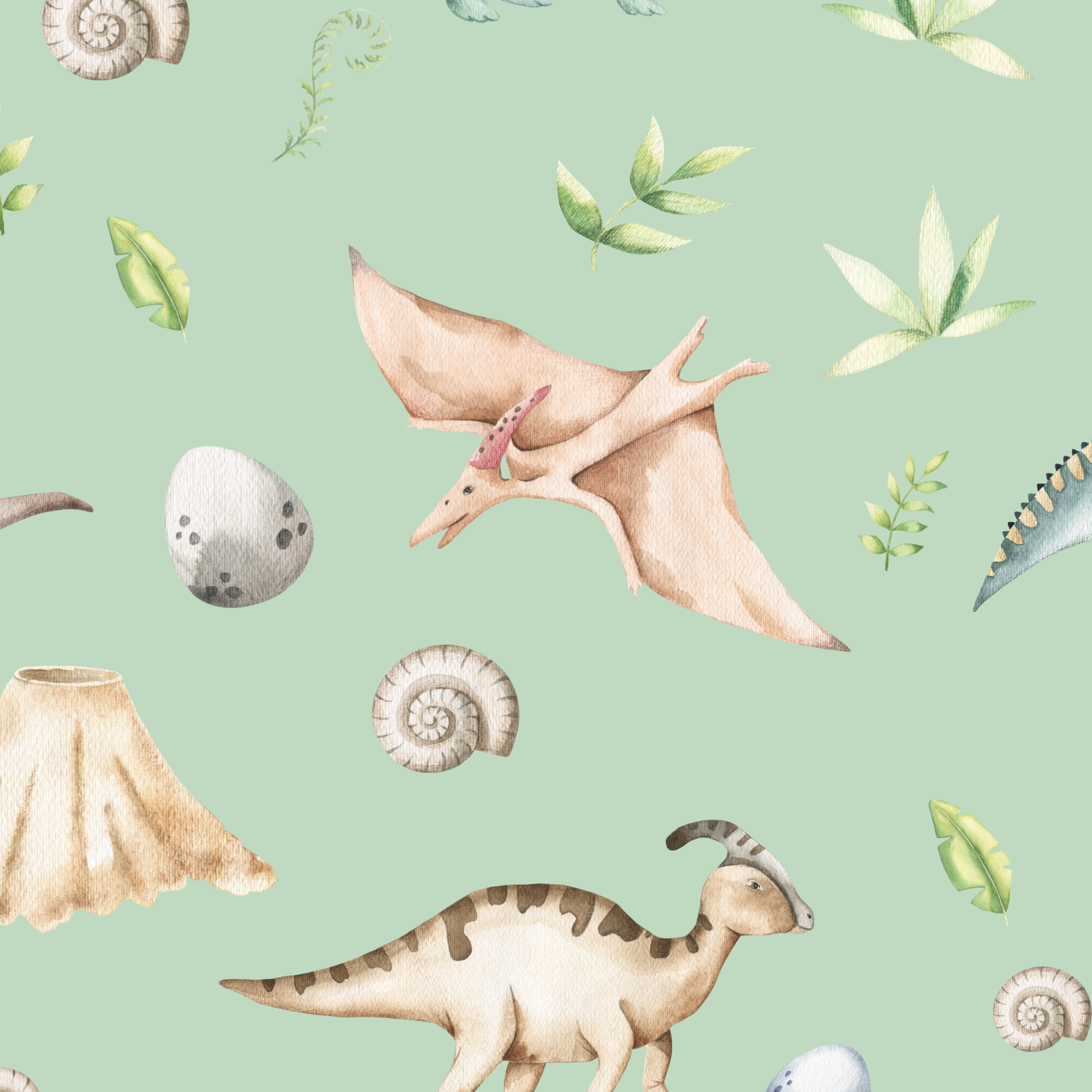 Children's bedroom and nursery watercolour dinosaurs square cotton cushion cover, green. Nursery bedding and soft furnishings. Free shipping. 