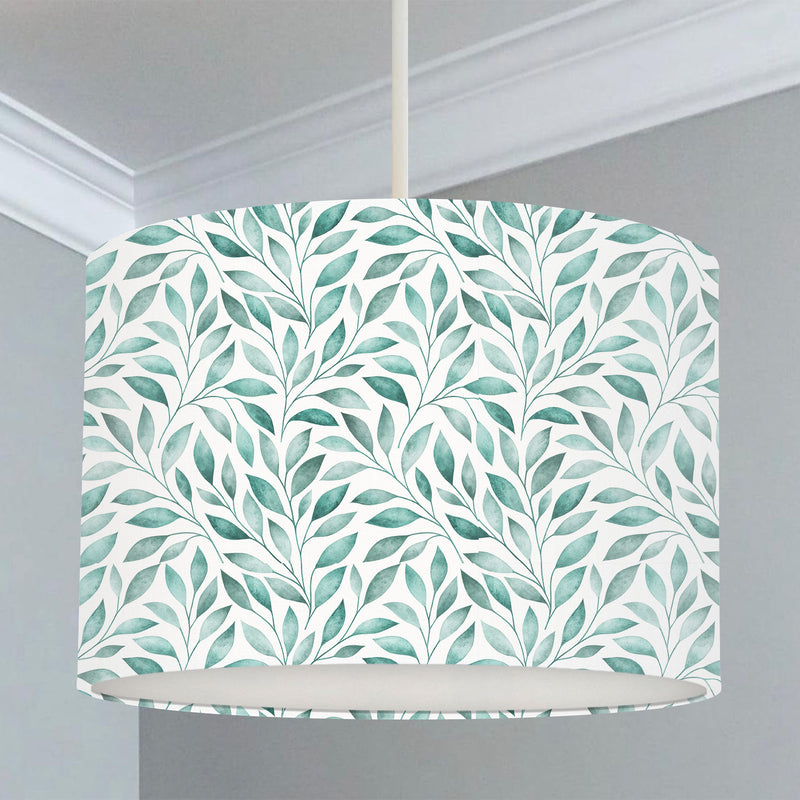 Children's bedroom and nursery lampshade, green and white, Vine plant leaves. Nature. 