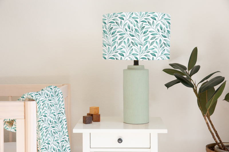 Children's bedroom and nursery ceiling and lampshade, green and white, Vine plant leaves. Nature.