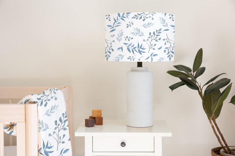 Children's bedroom and nursery and ceiling lampshade, grey and blue leaves.