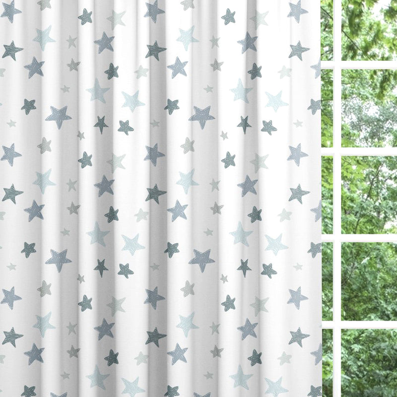 Blackout lined blue and grey stars children's bedroom and nursery curtains, pencil pleat and eyelet.