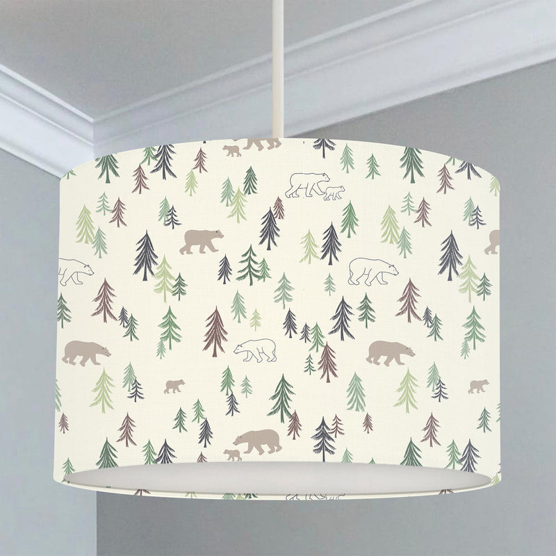Children's bedroom and nursery bear and fir trees lampshade, pale green amd brown