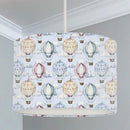 Children's bedroom and nursery lampshade, blue and brown hot air balloons and clouds.