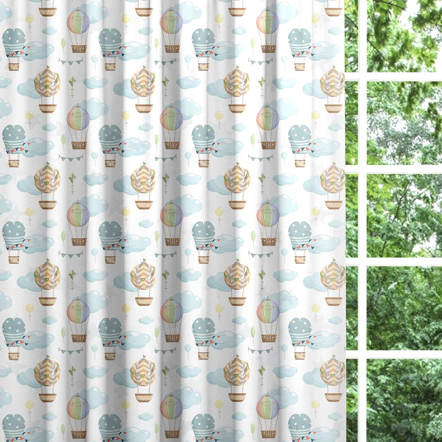 Backout lined children's bedroom and nursery curtains, floating hot air balloons, clouds, sky.