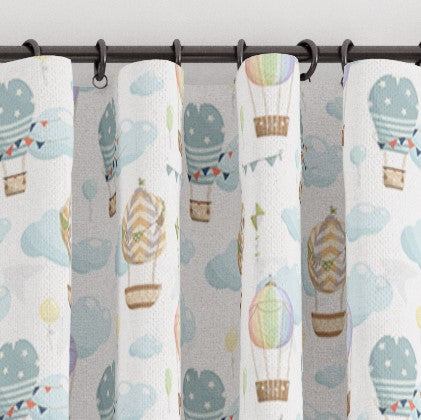Pencil pleat children's bedroom and nursery curtains in hot air balloons print. Big Little Bedrooms. Free Shipping. 