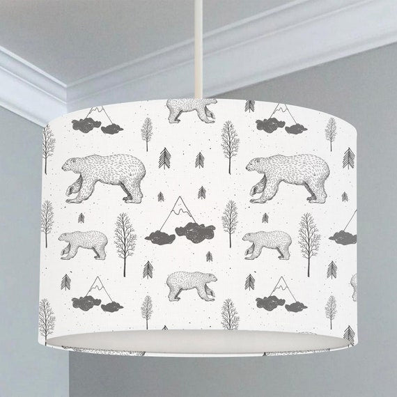 Monochrome bear and mountains, children's bedroom and nursery ceiling lampshade, black and white.