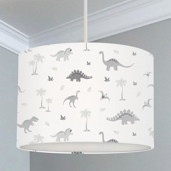 Dinosaurs in soft greys on a white background, children's bedroom and nursery ceiling lampshade.
